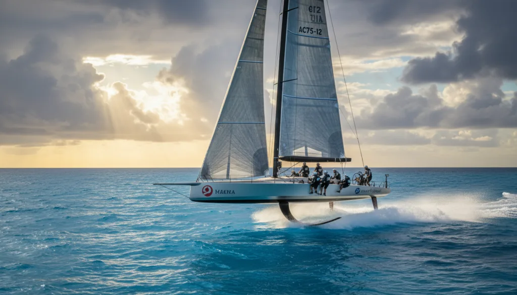 A sleek America's Cup yacht racing at high speed on a vibrant blue ocean, cutting through the waves with dynamic energy. In the foreground, the yacht's elegant lines and high-tech sails are prominently displayed, showcasing innovative materials that reflect light. In the middle ground, the crew, dressed in professional sailing attire, deftly maneuver the sails, their focus and teamwork evident. The background features a dramatic sky filled with billowing clouds, with sunlight streaming through, casting shimmering reflections on the water. The scene conveys a sense of thrill and sophistication, highlighting the elegance of yacht design amid the powerful ocean backdrop, captured with a wide-angle lens to emphasize the yacht's speed and movement.