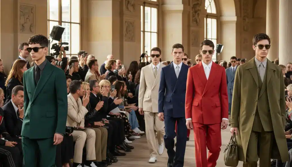A sleek runway scene at Paris Fashion Week showcases Valentino uomo 2026. In the foreground, impeccably dressed men in elegant suits and tailored trousers walk confidently, exuding sophistication and style. Their outfits blend classic tailoring with contemporary flair, featuring rich fabrics and striking colors. The middle ground captures a diverse audience, captivated by the presentation, with flashes of cameras illuminating the atmosphere. The background features a stunning venue with grand architectural details, softly illuminated by warm natural light, creating an inviting ambiance. The angle is slightly elevated, offering a dynamic view of the runway. The overall mood is one of excitement and anticipation, reflecting the cutting-edge vision of modern menswear. A sleek runway scene at Paris Fashion Week showcases Valentino uomo 2026. In the foreground, impeccably dressed men in elegant suits and tailored trousers walk confidently, exuding sophistication and style. Their outfits blend classic tailoring with contemporary flair, featuring rich fabrics and striking colors. The middle ground captures a diverse audience, captivated by the presentation, with flashes of cameras illuminating the atmosphere. The background features a stunning venue with grand architectural details, softly illuminated by warm natural light, creating an inviting ambiance. The angle is slightly elevated, offering a dynamic view of the runway. The overall mood is one of excitement and anticipation, reflecting the cutting-edge vision of modern menswear.