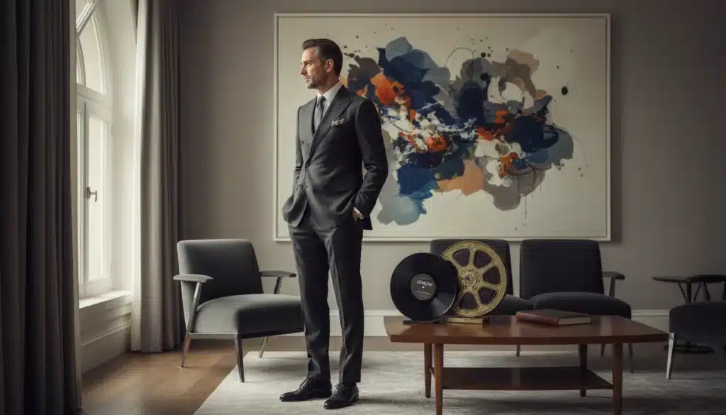 A sophisticated and artistic composition featuring an elegant man dressed in a tailored Giorgio Armani suit, exuding confidence and style. In the foreground, he stands with a poised posture, gazing thoughtfully into the distance. The middle ground showcases elements of cinema and music, such as a vintage film reel and a classic vinyl record placed on a stylish coffee table. The background presents an abstract painting with soft, flowing colors that evoke a sense of culture and creativity. Natural light filters in through large windows, casting gentle shadows and highlighting the textures of luxurious fabrics and materials. The mood is one of refinement and inspiration, capturing the essence of how fashion intersects with art and culture in the world of Armani. A sophisticated and artistic composition featuring an elegant man dressed in a tailored Giorgio Armani suit, exuding confidence and style. In the foreground, he stands with a poised posture, gazing thoughtfully into the distance. The middle ground showcases elements of cinema and music, such as a vintage film reel and a classic vinyl record placed on a stylish coffee table. The background presents an abstract painting with soft, flowing colors that evoke a sense of culture and creativity. Natural light filters in through large windows, casting gentle shadows and highlighting the textures of luxurious fabrics and materials. The mood is one of refinement and inspiration, capturing the essence of how fashion intersects with art and culture in the world of Armani.