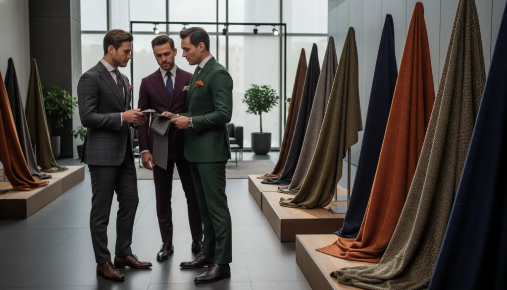A sophisticated autumn-winter textile showcase, featuring rich fabrics like wool, cashmere, and tweed in deep earthy tones of burgundy, forest green, and charcoal gray. In the foreground, elegant and determined men dressed in stylish tailored suits are engaging in a thoughtful conversation, embodying both tradition and innovation in their fashion choices. The middle ground showcases a luxurious textile display, highlighting intricate patterns and textures, with subtle lighting that accentuates the details of the fabrics. The background features a minimalist, modern setting with soft natural light filtering through large windows, creating a warm and inviting atmosphere. The overall mood conveys professionalism and contemporary elegance, perfect for a high-end menswear editorial photograph. A sophisticated autumn-winter textile showcase, featuring rich fabrics like wool, cashmere, and tweed in deep earthy tones of burgundy, forest green, and charcoal gray. In the foreground, elegant and determined men dressed in stylish tailored suits are engaging in a thoughtful conversation, embodying both tradition and innovation in their fashion choices. The middle ground showcases a luxurious textile display, highlighting intricate patterns and textures, with subtle lighting that accentuates the details of the fabrics. The background features a minimalist, modern setting with soft natural light filtering through large windows, creating a warm and inviting atmosphere. The overall mood conveys professionalism and contemporary elegance, perfect for a high-end menswear editorial photograph.