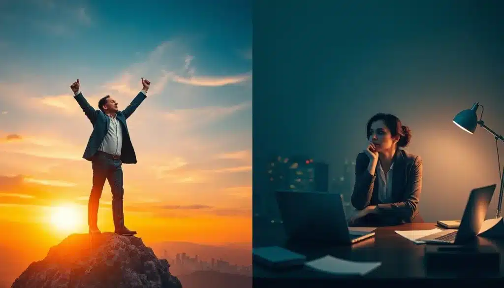 A split scene illustrating the definitions of success and failure in life and work. On the left, a determined professional man in a tailored suit stands confidently on a mountain peak, arms raised in triumph against a backdrop of a vibrant sunrise, symbolizing success. On the right, a thoughtful woman in smart casual attire sits at a desk cluttered with papers and a laptop, reflecting on challenges and setbacks, with dim ambient light creating a more introspective atmosphere. The background features a cityscape transitioning from sunlight to twilight, highlighting the contrast between achievement and struggle. The overall mood is inspirational and contemplative, emphasizing resilience and the journey toward victory. Soft, natural light enhances the realism and elegance of the scene.