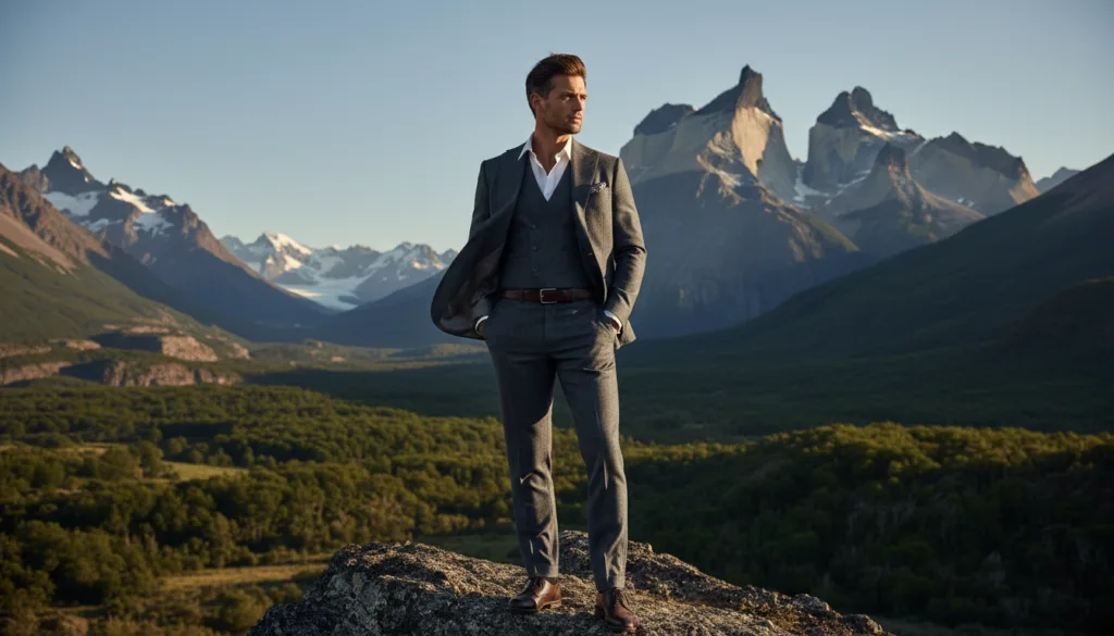 A striking scene in the rugged landscapes of Chilean Patagonia featuring a sophisticated man dressed in a tailored Stefano Ricci suit, showcasing luxury and elegance. In the foreground, capture the man standing confidently on a rocky outcrop, his posture exuding determination. The middle ground reveals the dramatic mountains and lush valleys characteristic of Patagonia, bathed in warm natural light of late afternoon. In the background, a clear blue sky contrasts with the majestic peaks, creating an inspiring atmosphere. The composition should emphasize elegance and strength, utilizing a shallow depth of field to draw focus on the figure, while maintaining an editorial style reminiscent of high-fashion photography. The overall mood is one of refined adventure, blending natural beauty with sartorial perfection.