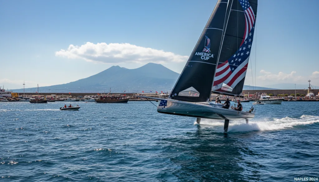 A stunning image of an America's Cup yacht racing at high speed on the open sea, showcasing its sleek design and vibrant sail colors, with the backdrop of the picturesque Naples coastline. In the foreground, the yacht is depicted slicing through the waves, water splashing dramatically, capturing the thrill of the race. The middle ground features a panoramic view of the Naples harbor, dotted with cheering spectators and other sailing vessels. In the background, the iconic Mount Vesuvius looms majestically under a bright blue sky with puffy white clouds. The lighting is bright and inviting, casting reflections on the water, creating a lively and energetic atmosphere that embodies the excitement of the upcoming America's Cup events. The angle is slightly elevated, offering a dynamic perspective on the action. A stunning image of an America's Cup yacht racing at high speed on the open sea, showcasing its sleek design and vibrant sail colors, with the backdrop of the picturesque Naples coastline. In the foreground, the yacht is depicted slicing through the waves, water splashing dramatically, capturing the thrill of the race. The middle ground features a panoramic view of the Naples harbor, dotted with cheering spectators and other sailing vessels. In the background, the iconic Mount Vesuvius looms majestically under a bright blue sky with puffy white clouds. The lighting is bright and inviting, casting reflections on the water, creating a lively and energetic atmosphere that embodies the excitement of the upcoming America's Cup events. The angle is slightly elevated, offering a dynamic perspective on the action.