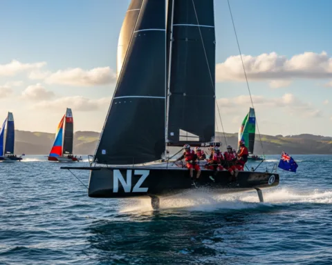 A stunning scene capturing a high-speed America's Cup yacht racing on the open sea, representing the Royal New Zealand Yacht Squadron. In the foreground, the sleek, modern yacht with distinctive 'NZ' insignia cuts through vibrant blue waves, spray sparkling in the sunlight. The crew, dressed in professional sailing attire, maneuvers efficiently, showcasing teamwork and skill. In the middle ground, additional yachts compete, with their colorful sails billowing against the wind. The background features a clear sky dotted with fluffy clouds, complemented by distant coastal hills of New Zealand. Soft, golden sunlight enhances the lively atmosphere, conveying excitement and the spirit of competition in this iconic yachting moment.
