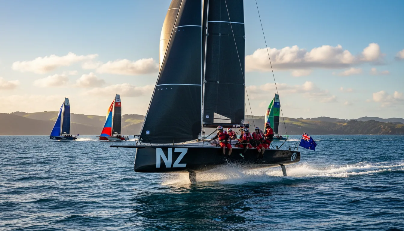 A stunning scene capturing a high-speed America's Cup yacht racing on the open sea, representing the Royal New Zealand Yacht Squadron. In the foreground, the sleek, modern yacht with distinctive 'NZ' insignia cuts through vibrant blue waves, spray sparkling in the sunlight. The crew, dressed in professional sailing attire, maneuvers efficiently, showcasing teamwork and skill. In the middle ground, additional yachts compete, with their colorful sails billowing against the wind. The background features a clear sky dotted with fluffy clouds, complemented by distant coastal hills of New Zealand. Soft, golden sunlight enhances the lively atmosphere, conveying excitement and the spirit of competition in this iconic yachting moment.