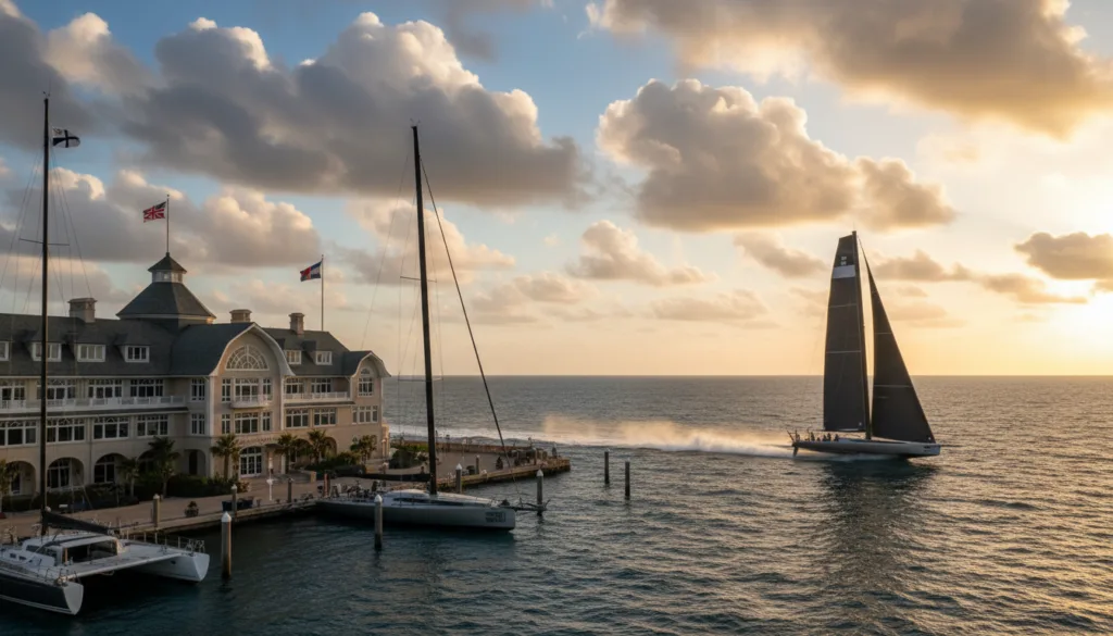 A stunning scene of the New York Yacht Club in the foreground, featuring elegant yachts with sleek designs docked at the marina, sails billowing in the wind. The middle ground depicts an America's Cup yacht racing at high speed across the vibrant blue ocean, contrasted against a bright sky with puffy white clouds. The sun sets in the background, casting a warm golden glow over the scene, creating a sense of excitement and ambition. Capture the dynamic energy of the race, showcasing the yacht's sharp angles and frothy waves around it. The overall atmosphere is one of prestige and spirited competition, reflecting the rich maritime history of the New York Yacht Club.