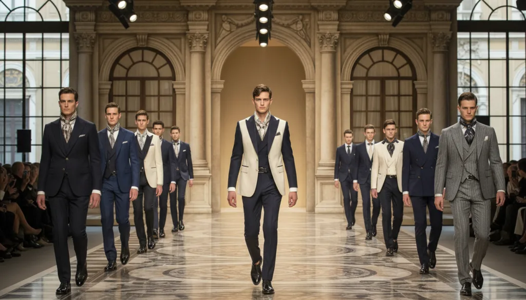 A stylish and elegant menswear fashion show setting, featuring a runway with a luxurious design. In the foreground, a group of determined, well-dressed men in tailored suits and contemporary accessories, showcasing Dolce & Gabbana's latest collection. The middle features the runway with a subtle spotlight illuminating the models while the backdrop displays Italian architectural elements, evoking a sense of heritage and identity. Soft, warm natural light filters through, creating an inviting atmosphere. The scene is captured from a slightly elevated angle, providing a dynamic perspective that showcases the sophistication of the event. The mood is energetic yet refined, reflecting the merging of tradition and modernity in men's fashion for the upcoming year. The image is free from any text or branding elements, focusing solely on the essence of the fashion show. A stylish and elegant menswear fashion show setting, featuring a runway with a luxurious design. In the foreground, a group of determined, well-dressed men in tailored suits and contemporary accessories, showcasing Dolce & Gabbana's latest collection. The middle features the runway with a subtle spotlight illuminating the models while the backdrop displays Italian architectural elements, evoking a sense of heritage and identity. Soft, warm natural light filters through, creating an inviting atmosphere. The scene is captured from a slightly elevated angle, providing a dynamic perspective that showcases the sophistication of the event. The mood is energetic yet refined, reflecting the merging of tradition and modernity in men's fashion for the upcoming year. The image is free from any text or branding elements, focusing solely on the essence of the fashion show.