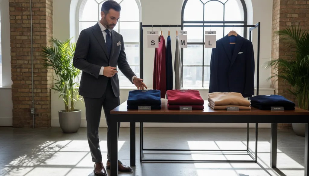 A stylish and sophisticated setting featuring a well-dressed man in a premium editorial style. In the foreground, elegant cashmere sweaters in a variety of colors are neatly displayed on a sleek wooden table, showcasing shades like deep navy, rich burgundy, and classic gray. The middle ground presents an organized rack with different sizes prominently labeled, while a tailored suit jacket hangs nearby, implying a focus on professional attire. In the background, soft natural light filters through large windows, creating a warm and inviting atmosphere. The overall mood conveys luxury and attention to detail, emphasizing the importance of finding the right fit and color in high-quality menswear.