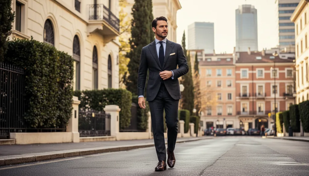 A stylish, contemporary Italian man embodies "silent elegance" in a premium editorial-style photograph. He stands confidently in a sophisticated urban setting, wearing a tailored Kiton suit in a rich, understated color. The foreground captures him mid-stride, with an air of determination in his posture. In the middle, elegant architecture and lush greenery frame the scene, while soft natural light bathes the setting, accentuating the textures of the suit and the subtle details of his expression. The background features a blurred cityscape, creating a sense of depth and cosmopolitan charm. The overall mood is refined yet approachable, showcasing the essence of the modern man who values sartorial excellence.