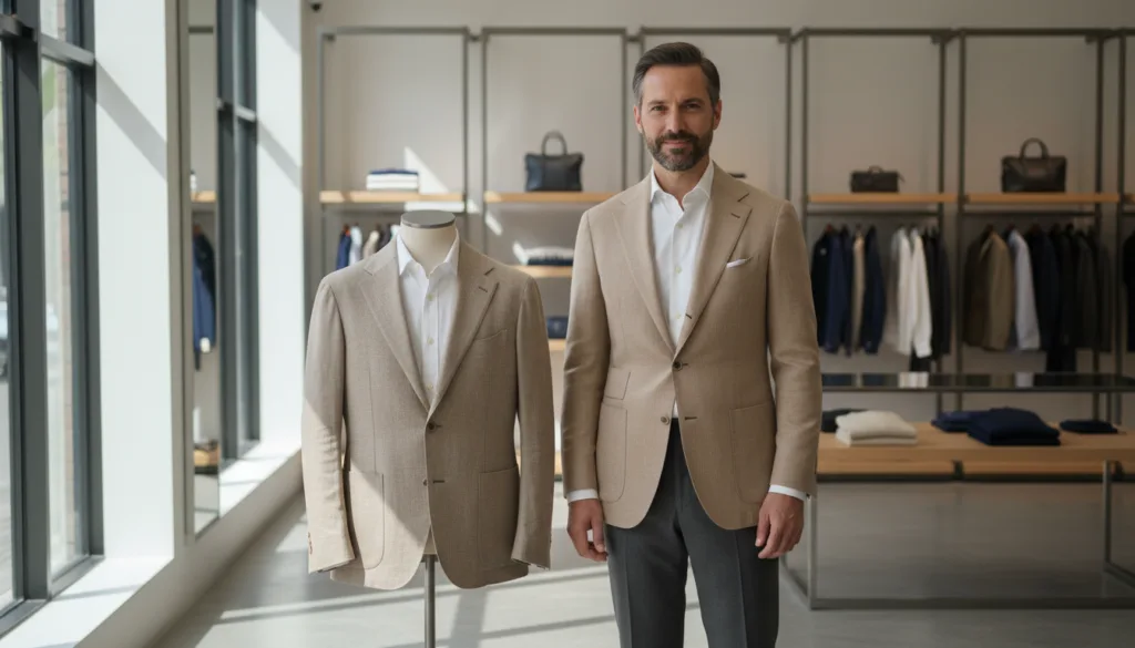 A stylish, elegant man wearing an Eleventy jacket stands confidently in a well-lit boutique environment. The foreground features a tailored, contemporary Eleventy jacket in a rich neutral tone, showcasing its fine fabric and sleek design. The middle ground presents the man, dressed in a crisp white shirt and high-quality trousers, exuding sophistication and warmth. Natural light cascades through large windows, creating soft shadows and highlighting the textures of the clothing. In the background, shelves filled with minimalist fashion pieces and accessories are subtly blurred, maintaining focus on the subject. The atmosphere is one of quiet luxury and calm minimalism, making it an ideal representation of modern menswear elegance.