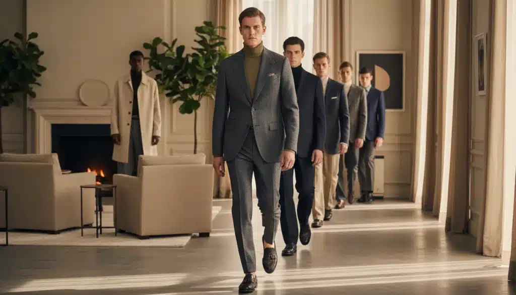 A stylish scene from the Zegna fashion show at Milan Fashion Week 2026, showcasing elegant and determined male models dressed in luxurious tailored suits made of high-quality materials. In the foreground, a charismatic model confidently walks the runway, exuding sophistication and charm. The middle ground features additional models showcasing a variety of striking yet understated outfits, emphasizing the concept of "quiet luxury." The background displays an intimate, home-like setting with warm, natural lighting that enhances the textures of the fabrics and creates an inviting atmosphere. The image captures the essence of high-end fashion with an editorial flair, focusing on the craftsmanship and elegance of the collections presented. A stylish scene from the Zegna fashion show at Milan Fashion Week 2026, showcasing elegant and determined male models dressed in luxurious tailored suits made of high-quality materials. In the foreground, a charismatic model confidently walks the runway, exuding sophistication and charm. The middle ground features additional models showcasing a variety of striking yet understated outfits, emphasizing the concept of "quiet luxury." The background displays an intimate, home-like setting with warm, natural lighting that enhances the textures of the fabrics and creates an inviting atmosphere. The image captures the essence of high-end fashion with an editorial flair, focusing on the craftsmanship and elegance of the collections presented.