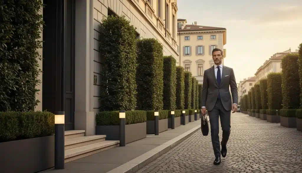 A stylish view of "Casa Via Borgonuovo," the elegant home of Giorgio Armani in Milan. The foreground features the main entrance, showcasing sleek modern architectural lines and rich materials, lined with lush greenery and sophisticated outdoor lighting. In the middle, capture a refined, well-dressed man in business attire, embodying the essence of luxury and sobriety as he walks confidently along the cobblestone street, with a subtle expression of determination. The background presents a clear sky and the architectural beauty of Via Borgonuovo, softly illuminated by natural light during the golden hour. The mood is one of elegance and professionalism, highlighting the evolution of men's style within a prestigious urban context. A stylish view of "Casa Via Borgonuovo," the elegant home of Giorgio Armani in Milan. The foreground features the main entrance, showcasing sleek modern architectural lines and rich materials, lined with lush greenery and sophisticated outdoor lighting. In the middle, capture a refined, well-dressed man in business attire, embodying the essence of luxury and sobriety as he walks confidently along the cobblestone street, with a subtle expression of determination. The background presents a clear sky and the architectural beauty of Via Borgonuovo, softly illuminated by natural light during the golden hour. The mood is one of elegance and professionalism, highlighting the evolution of men's style within a prestigious urban context.
