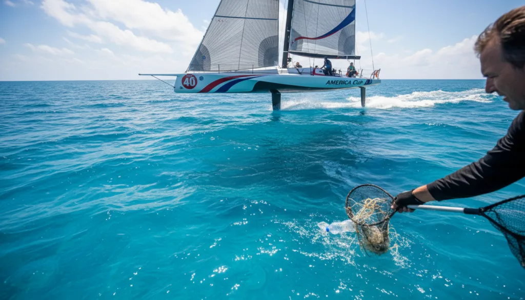 A vibrant scene capturing an America's Cup yacht racing at high speed across a clear blue ocean, with whitecaps framing the sleek hull cutting through the waves. In the foreground, a close-up of a sailor's hand meticulously collecting plastic waste from the sea, symbolizing active stewardship of the marine environment. The middle ground showcases the yacht's dynamic sails billowing in the wind, reflecting a sense of urgency and excitement. In the background, the vast horizon meets a brilliant sky, dotted with fluffy white clouds, emphasizing the beauty of nature. The image is lit with bright sunlight, creating sparkling reflections on the water's surface. The overall mood conveys a commitment to sustainability and hope for the future of our oceans. A vibrant scene capturing an America's Cup yacht racing at high speed across a clear blue ocean, with whitecaps framing the sleek hull cutting through the waves. In the foreground, a close-up of a sailor's hand meticulously collecting plastic waste from the sea, symbolizing active stewardship of the marine environment. The middle ground showcases the yacht's dynamic sails billowing in the wind, reflecting a sense of urgency and excitement. In the background, the vast horizon meets a brilliant sky, dotted with fluffy white clouds, emphasizing the beauty of nature. The image is lit with bright sunlight, creating sparkling reflections on the water's surface. The overall mood conveys a commitment to sustainability and hope for the future of our oceans.