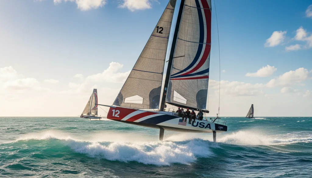 A vibrant scene capturing an America's Cup yacht racing on the open sea, showcasing the yacht's sleek design and billowing sails as it cuts through the waves at high speed. In the foreground, the yacht is depicted in sharp focus, demonstrating the adrenaline of the race. The middle ground features rolling waves and splashes of water, adding dynamism to the image. In the background, a bright blue sky dotted with fluffy white clouds complements the lively atmosphere. The lighting is bright and warm, suggesting a sunny day at sea. The overall mood conveys excitement and competition, perfect for illustrating the thrill of watching the America's Cup. A vibrant scene capturing an America's Cup yacht racing on the open sea, showcasing the yacht's sleek design and billowing sails as it cuts through the waves at high speed. In the foreground, the yacht is depicted in sharp focus, demonstrating the adrenaline of the race. The middle ground features rolling waves and splashes of water, adding dynamism to the image. In the background, a bright blue sky dotted with fluffy white clouds complements the lively atmosphere. The lighting is bright and warm, suggesting a sunny day at sea. The overall mood conveys excitement and competition, perfect for illustrating the thrill of watching the America's Cup.