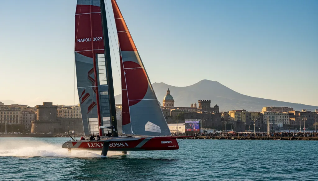 A vibrant scene capturing the essence of Napoli in 2027, showcasing a state-of-the-art America's Cup yacht racing at high speed across the turquoise open sea. In the foreground, the sleek yacht with its bold sails catching the wind, slicing through the waves, creating splashes of white foam. In the middle ground, the majestic backdrop of Naples, with its historic architecture and the iconic Mount Vesuvius looming in the distance under a clear blue sky. Golden sunlight bathes the scene, casting dramatic shadows and enhancing the vivid colors of the sea and landscape. The atmosphere is exhilarating and dynamic, embodying the thrill of yacht racing, with a sense of professionalism and excitement as fans eagerly watch from the coastline. The image should be sharp and detailed, ideally captured from a low-angle perspective to emphasize the yacht’s speed and the grandeur of the surroundings. A vibrant scene capturing the essence of Napoli in 2027, showcasing a state-of-the-art America's Cup yacht racing at high speed across the turquoise open sea. In the foreground, the sleek yacht with its bold sails catching the wind, slicing through the waves, creating splashes of white foam. In the middle ground, the majestic backdrop of Naples, with its historic architecture and the iconic Mount Vesuvius looming in the distance under a clear blue sky. Golden sunlight bathes the scene, casting dramatic shadows and enhancing the vivid colors of the sea and landscape. The atmosphere is exhilarating and dynamic, embodying the thrill of yacht racing, with a sense of professionalism and excitement as fans eagerly watch from the coastline. The image should be sharp and detailed, ideally captured from a low-angle perspective to emphasize the yacht’s speed and the grandeur of the surroundings.