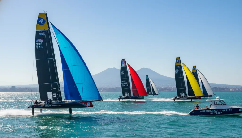 A vibrant scene depicting the America's Cup yacht racing at high speed on the open sea, showcasing sleek, modern yachts adorned with colorful sails catching the wind. In the foreground, a dynamic racing yacht slices through the azure waters, with splashes of white foam erupting around it. The middle ground features a group of competing yachts in various angles, illustrating the excitement of the race. In the background, the stunning skyline of Naples is visible, with iconic landmarks silhouetted against a clear blue sky, suggesting a warm summer day. The lighting captures the brilliance of the sunlight reflecting off the water, creating a sense of urgency and thrill. The overall atmosphere is energetic and competitive, emphasizing the importance of the upcoming July 2027 event.