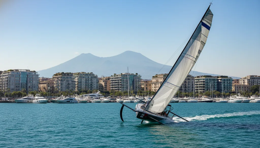 A vibrant scene depicting the stunning coast of Naples, showcasing the magnificent America’s Cup yacht racing at high speed on the open azure sea. In the foreground, the yacht is angled dramatically, with sails fully raised, capturing the essence of competitive sailing. In the middle ground, a lively harbor filled with elegant accommodations and modern buildings reflects the impact of the America’s Cup on local real estate. The background features the iconic skyline of Naples, with Mount Vesuvius looming majestically under a clear blue sky. The lighting is bright and sunny, evoking an atmosphere of excitement and prestige. The image should have a dynamic perspective, emphasizing the yacht’s swift movement, while conveying a sense of luxury and coastal charm.