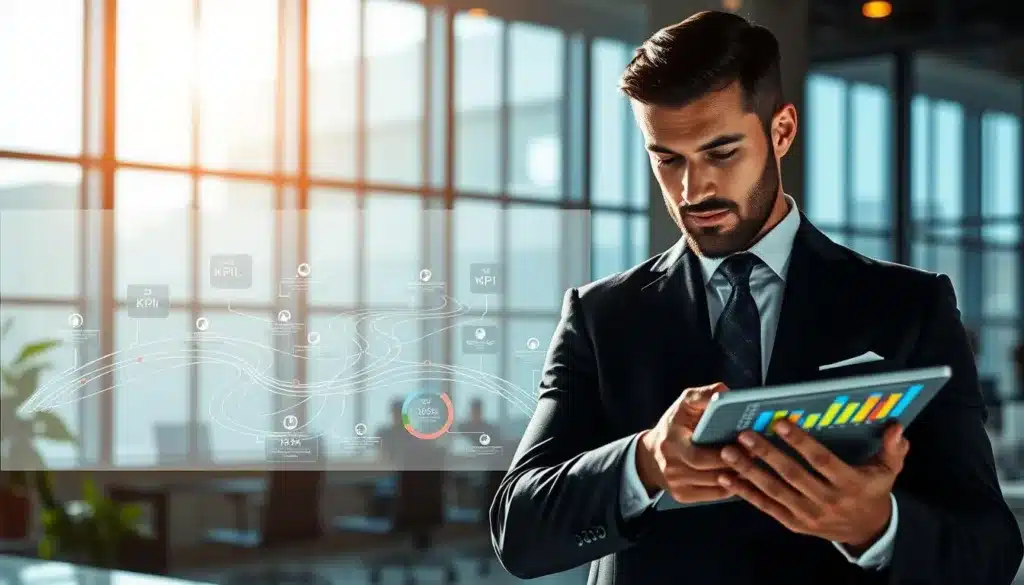 A visually striking and elegant KPI roadmap illustration for strategic planning. In the foreground, a sophisticated, determined man in professional attire is reviewing a digital tablet displaying colorful graphs and metrics. In the middle ground, an intricate, multi-layered roadmap flows with various milestones marked by icons representing KPIs and budget allocations. The background features a modern office environment with large windows allowing natural light to pour in, illuminating the scene. The atmosphere is focused and dynamic, conveying a sense of action and purpose. Use a slightly angled perspective to enhance depth, capturing the essence of strategic planning in a premium editorial style. A visually striking and elegant KPI roadmap illustration for strategic planning. In the foreground, a sophisticated, determined man in professional attire is reviewing a digital tablet displaying colorful graphs and metrics. In the middle ground, an intricate, multi-layered roadmap flows with various milestones marked by icons representing KPIs and budget allocations. The background features a modern office environment with large windows allowing natural light to pour in, illuminating the scene. The atmosphere is focused and dynamic, conveying a sense of action and purpose. Use a slightly angled perspective to enhance depth, capturing the essence of strategic planning in a premium editorial style.