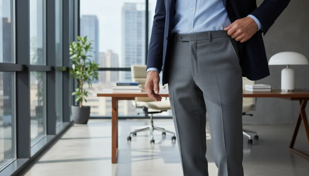 A well-tailored pair of "pantalone sartoriale" displayed prominently in the foreground, showcasing fine Italian craftsmanship with a smooth fabric texture and a modern cut. The pants should be in a sophisticated charcoal grey, highlighting a stylish contemporary design suitable for business settings. In the middle ground, a confident, elegant man in a neatly pressed dress shirt and blazer interacts with the pants, exuding professionalism and comfort. The background features a chic office environment, softly lit with natural light filtering through large windows, casting gentle shadows that enhance the scene. The mood is refined and aspirational, emphasizing the blend of style and comfort in modern business attire.
