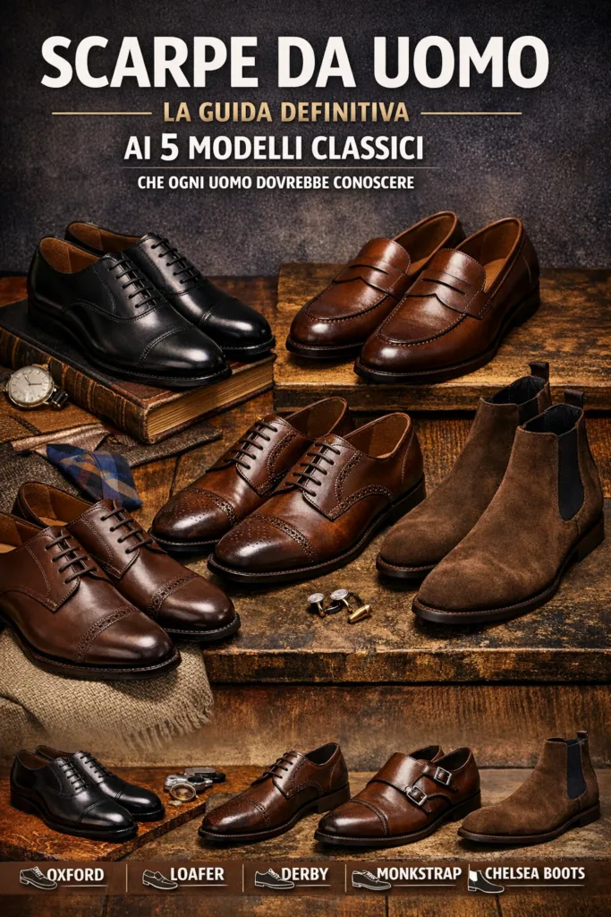 Che tu stia costruendo il tuo guardaroba da zero o voglia semplicemente capire meglio il mondo delle calzature maschili, questa guida ti accompagnerà alla scoperta dei cinque modelli fondamentali: Oxford, Loafer, Derby, Monkstrap e Chelsea Boots