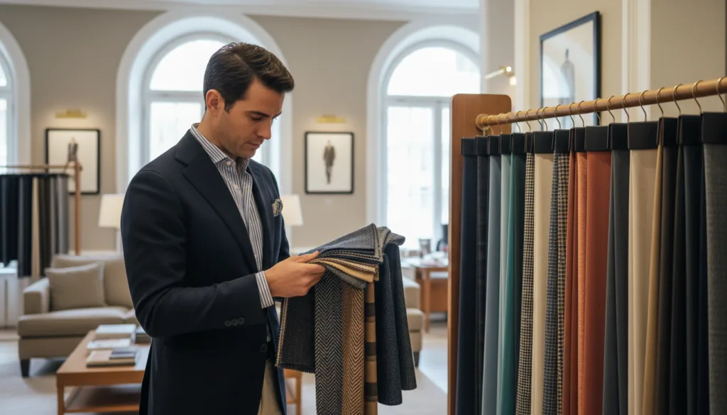 Elegant and sophisticated image of a well-dressed man selecting fabric swatches in a luxurious showroom, showcasing a variety of Loro Piana colors and patterns. The foreground features the man in smart casual attire, examining a selection of rich textiles with intricate patterns and tones. In the middle, an array of neatly displayed fabric samples hangs on a stylish wooden display, highlighting various hues from deep blues to warm earth tones. The background presents a tastefully decorated room with large windows allowing soft, natural light to spill in, creating a warm and inviting atmosphere. Use a shallow depth of field to emphasize the man's focused expression while subtly blurring the surrounding fabrics, evoking a sense of refined decision-making and elegance. The overall mood should reflect a modern, sophisticated approach to men’s fashion.