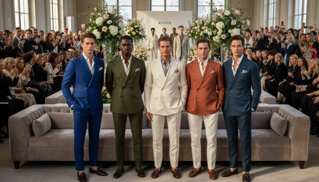Elegant men dressed in high-end suits showcasing the latest Kiton Spring/Summer 2026 collection during a vibrant Milano Fashion Week event. In the foreground, a diverse group of stylish gentlemen stands confidently, displaying tailored suits in rich fabrics and modern cuts, exuding sophistication and charisma. The middle ground features a beautifully decorated runway adorned with sophisticated floral arrangements and chic seating, reflecting the luxury fashion atmosphere. In the background, a bustling audience immersed in the excitement of the fashion show, with softly blurred models walking the runway. The scene is bathed in warm, natural light, capturing the essence of Milan's fashion scene, while the overall composition conveys a sense of innovation, elegance, and professionalism, highlighting the craftsmanship of Kiton's sartorial expertise.