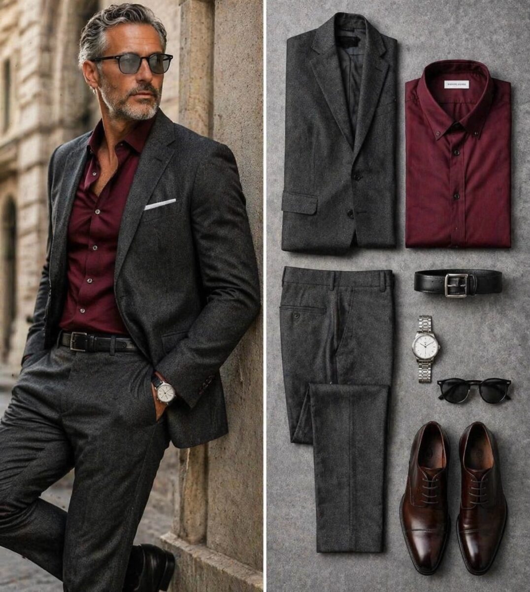 La camicia bordeaux dà carattere. Il completo antracite mantiene equilibrio e rigore.