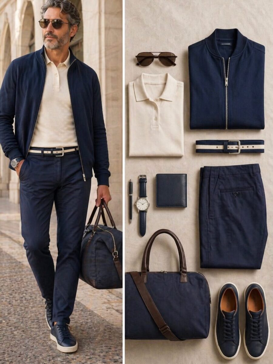 Blu profondo. Avorio pulito. Presenza sicura.