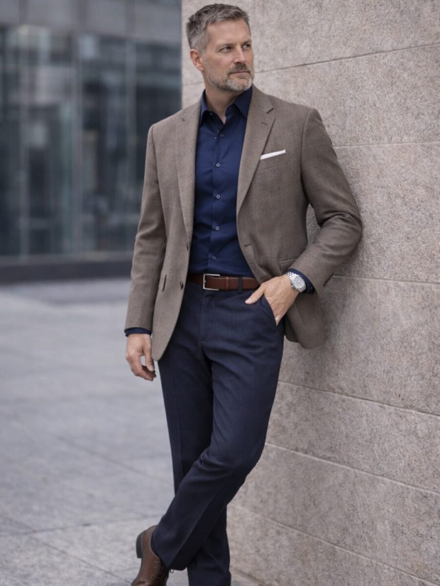 Linee pulite. Colori decisi. Nessun eccesso. La giacca taupe struttura la figura. La camicia navy aggiunge profondità.