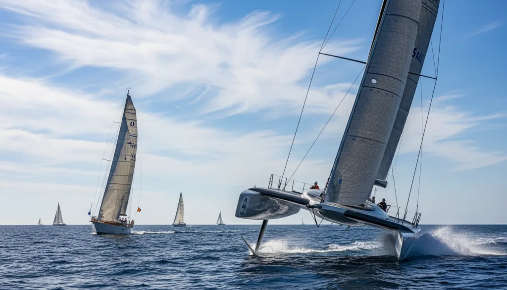 A dramatic scene of America's Cup yachts racing at high speed on the open sea, capturing the evolution from classic International 12 Meter boats to the modern AC75 foiling catamarans. In the foreground, a sleek AC75 yacht with its distinctive dual-hull design skims over the waves, spray flying off the hydrofoils. The middle ground features a vintage International 12 Meter yacht, showcasing the historical aspect. The background is filled with a vivid blue sky and white cloud formations, emphasizing movement and competition. The lighting is bright and dynamic, suggesting a sunny racing day. The mood is exhilarating and competitive, reflecting the spirit of innovation in the world of yacht racing.