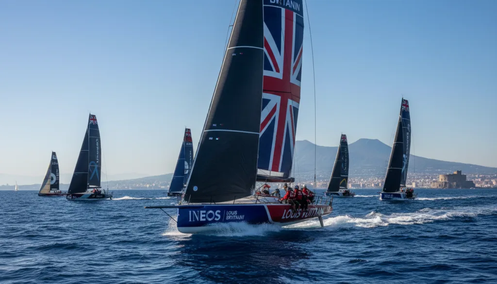 A dynamic scene capturing America’s Cup governance in action, featuring a sleek, high-speed yacht cutting through the deep blue waters of the ocean. In the foreground, the yacht, adorned with sponsor logos, showcases its impressive sails billowing in the wind, as skilled crew members, dressed in professional sailing attire, work seamlessly on deck. The midground highlights a vibrant regatta atmosphere, with additional yachts competing and a distant shoreline featuring Napoli's iconic landmarks under a clear sky. In the background, sunlight sparkles over the wave crests, illuminating the competitive spirit of the event. The composition emphasizes movement and energy, with dramatic lighting casting dynamic shadows, creating a sense of urgency and excitement for the upcoming Louis Vuitton America’s Cup.