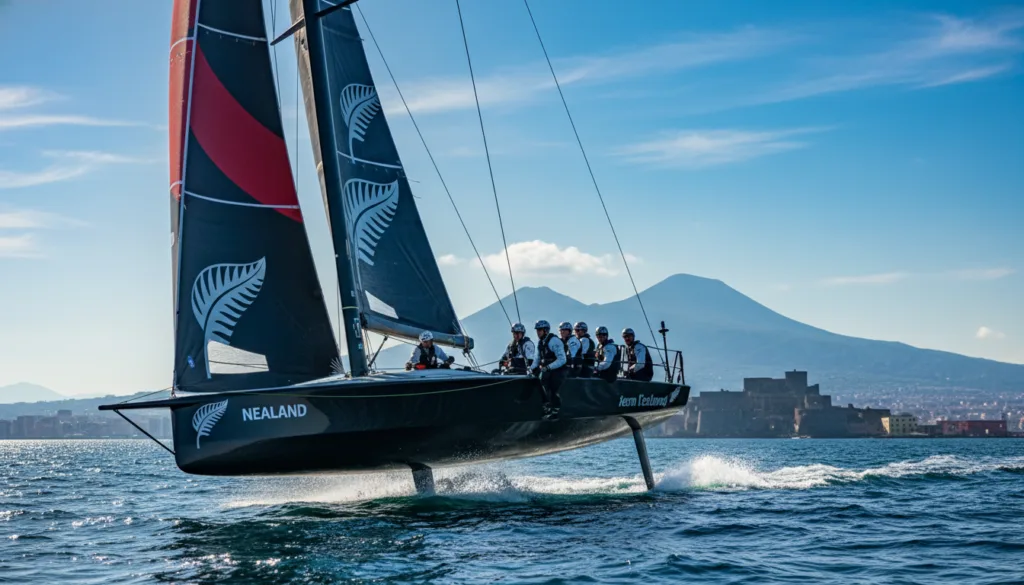 A dynamic scene capturing Team New Zealand's America's Cup yacht racing at high speed across the vibrant blue waters of the Bay of Naples. In the foreground, the sleek, modern yacht with its distinctive black and red sails cuts through the waves, dripping with spray, showcasing the energy of the race. The middle ground features team members in professional sailing attire, focusing intently on their tasks, emphasizing teamwork and precision. In the background, the stunning coastline of Naples is visible, with historic buildings and the distant silhouette of Mount Vesuvius under a bright blue sky. The sunlight glints off the water, creating a lively and exhilarating atmosphere, shot from a slightly low angle to highlight the yacht’s impressive speed and the team's determination.
