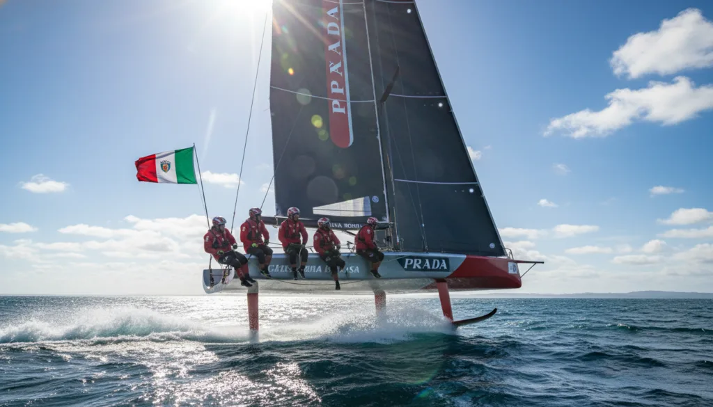 A dynamic scene of the Timonieri of Luna Rossa, an AC75 yacht, racing at high speed on the open sea during an America's Cup regatta. In the foreground, focus on the crew in professional sailing attire, sharply focused as they work on the sails and maneuver the boat with precision. The middle ground features the sleek, modern design of the yacht, emphasizing its aerodynamic features and vibrant colors as it slices through the waves. The background captures a clear blue sky with a few scattered clouds, reflecting the excitement and energy of the race. The sunlight casts glimmers on the water, creating a lively atmosphere. Use a slightly low angle to accentuate the yacht's speed and grandeur, with a lens flare effect for added drama.