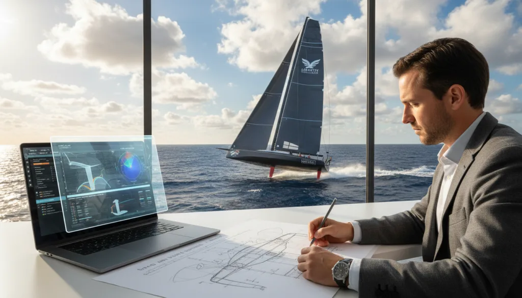 A dynamic scene showcasing the design methodology of a modern America's Cup yacht. In the foreground, a designer sketches intricate plans on paper, surrounded by high-tech software applications on a sleek laptop, emphasizing the blend of traditional hand-drawn techniques and advanced technology. In the middle ground, a stunning America's Cup yacht slices through the waves, its sails fully extended, capturing the essence of speed and performance on the open sea. The background features a bright blue sky dotted with fluffy white clouds, with sunlight glinting off the water, creating a vibrant and inspiring atmosphere. The composition conveys innovation and passion in naval design, with a focus on professional attire for the designer to enhance the serious tone of the scene. Bright, natural lighting and a wide-angle view add depth and energy to the image.