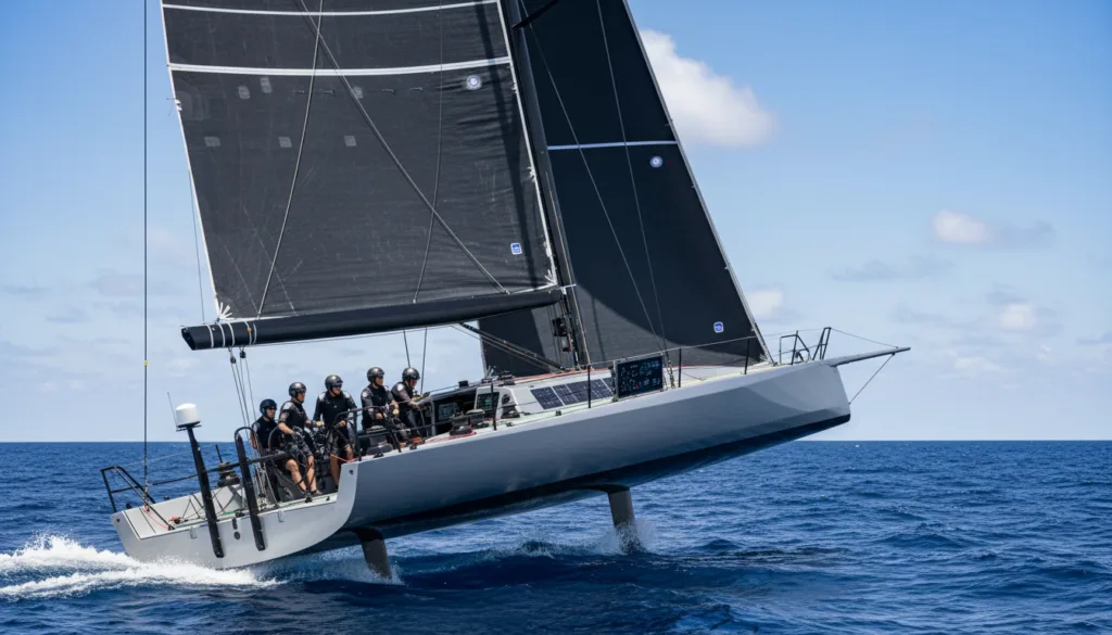 A high-speed America's Cup yacht cutting through the open sea, showcasing advanced control systems and mechatronics. In the foreground, focus on the sleek hull and dynamic sails capturing the wind, with visible instrumentation and electronic components integrated into the deck, highlighting technological ingenuity. The middle ground reveals the crew in professional sailing attire, expertly maneuvering the yacht, their expressions reflecting focus and determination. The background features a vibrant blue ocean and a clear sky, with scattered clouds that create an exhilarating atmosphere. Use natural lighting to emphasize the yacht's streamlined design, with a wide-angle lens capturing the action from a dramatic angle, exuding a sense of speed and precision in marine engineering.