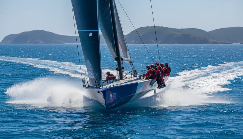 A high-speed America's Cup yacht racing on the open sea during a sunny day, its sails fully extended, cutting through the waves with dynamic splashes. In the foreground, focus on the yacht's sleek hull and crew members in professional sailing attire, working together to maneuver the boat. The middle ground features a vibrant blue ocean, contrasting with frothy white waves caused by the yacht's swift movement. In the background, distant islands and a clear sky enhance the sense of speed and adventure. The lighting is bright and natural, casting reflections on the water and creating a lively atmosphere, capturing the intensity of high-speed racing and safety procedures during retake and return maneuvers. A high-speed America's Cup yacht racing on the open sea during a sunny day, its sails fully extended, cutting through the waves with dynamic splashes. In the foreground, focus on the yacht's sleek hull and crew members in professional sailing attire, working together to maneuver the boat. The middle ground features a vibrant blue ocean, contrasting with frothy white waves caused by the yacht's swift movement. In the background, distant islands and a clear sky enhance the sense of speed and adventure. The lighting is bright and natural, casting reflections on the water and creating a lively atmosphere, capturing the intensity of high-speed racing and safety procedures during retake and return maneuvers.