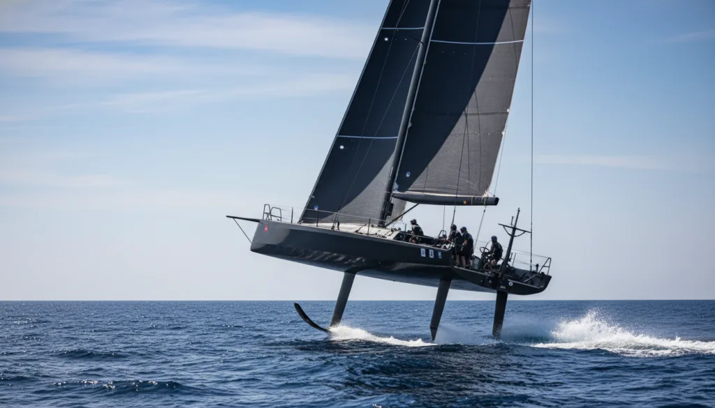 A high-speed America's Cup yacht racing on the open sea, showcasing advanced foiling technology. In the foreground, the sleek hull of the yacht glides gracefully above the water, its foils extended for optimal lift. Dynamic water splashes surround the hull, capturing the energy of the race. In the middle ground, the yacht's stern is equipped with a streamlined rudder, further emphasizing the focus on aerodynamics and monotype components. The background features a vivid blue sky with scattered clouds, contrasting with the deep sapphire tones of the ocean. The lighting is bright and natural, creating reflections on the water surface, enhancing the feeling of speed and excitement. The overall mood conveys innovation, competition, and the artistry of yacht design.