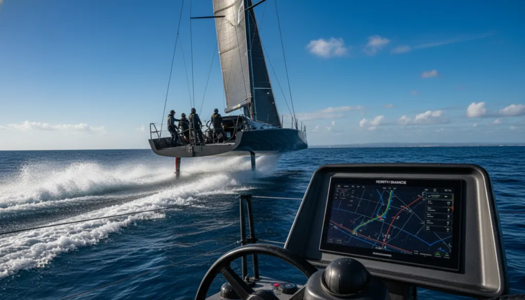 A realistic photo of an America's Cup yacht racing at high speed on the open sea, showcasing advanced digital navigation technology in action. In the foreground, the sleek yacht's helm features a high-tech touchscreen displaying real-time data and navigation maps. The crew, dressed in professional sailing attire, are focused and engaged, utilizing their high-tech gear. In the middle ground, the foiling yacht cuts through the waves, with water splashing dynamically around it, highlighting speed and agility. The background depicts a clear blue sky with wispy clouds and distant land, emphasizing the vastness of the ocean. The lighting is bright and natural, suggesting a sunny day, while the atmosphere conveys excitement and innovation in sailing technology, reflecting the future of yachting and safety at sea.