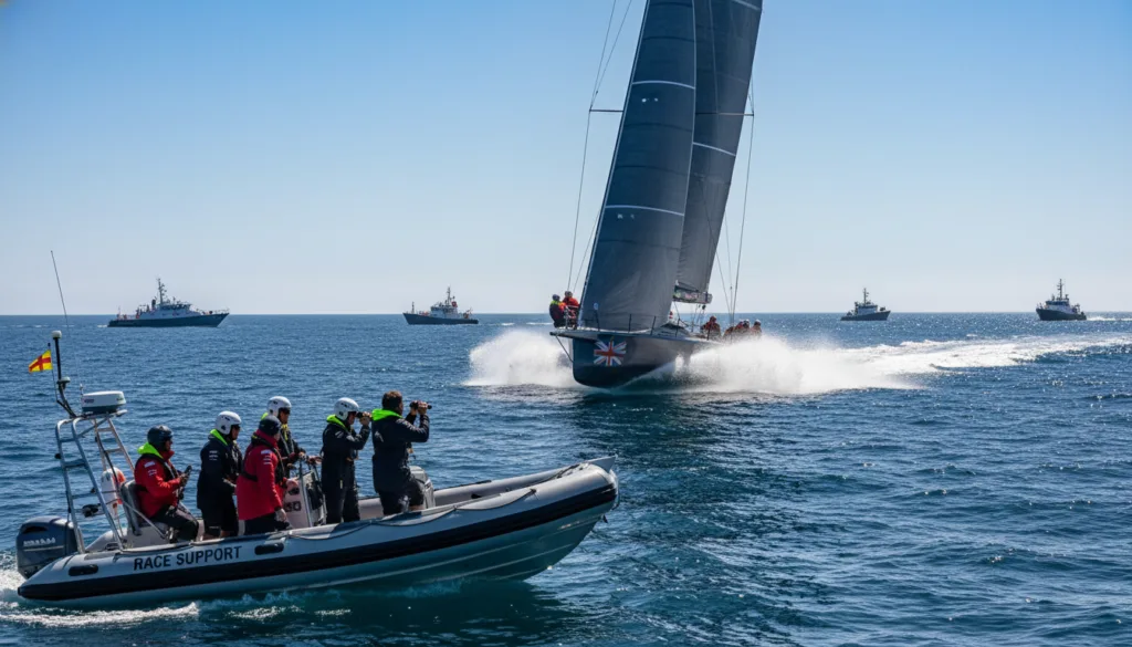 A realistic scene depicting a fleet of assistance boats organized around a high-speed America's Cup yacht racing on a bright, sunny day at sea. In the foreground, show a rescue boat with crew members wearing professional sailing attire, attentively monitoring the race and ready to provide support. The middle ground features the sleek racing yacht cutting through the waves, with sails fully unfurled and splashes of water dramatically illuminating the action. In the background, the vast ocean meets a clear blue sky, with distant outlines of additional support vessels ensuring safety during the regatta. The lighting is bright and vibrant, capturing the excitement and intensity of competitive sailing, while the angle is slightly elevated to provide a comprehensive view of the dynamic scene. A realistic scene depicting a fleet of assistance boats organized around a high-speed America's Cup yacht racing on a bright, sunny day at sea. In the foreground, show a rescue boat with crew members wearing professional sailing attire, attentively monitoring the race and ready to provide support. The middle ground features the sleek racing yacht cutting through the waves, with sails fully unfurled and splashes of water dramatically illuminating the action. In the background, the vast ocean meets a clear blue sky, with distant outlines of additional support vessels ensuring safety during the regatta. The lighting is bright and vibrant, capturing the excitement and intensity of competitive sailing, while the angle is slightly elevated to provide a comprehensive view of the dynamic scene.