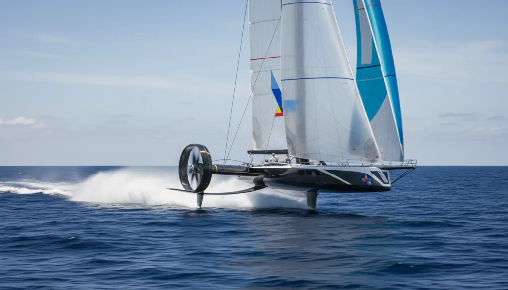A sleek America's Cup yacht sails at high speed across a vibrant, open sea, showcasing modern propulsion methods. In the foreground, the yacht's white and colorful sails billow dramatically in the wind, while advanced hybrid rotors gleam under the sunlight. The middle ground captures a dynamic wave formation splashing against the hull, emphasizing the power and speed of the vessel. The background features a clear blue sky with wispy clouds, enhancing the sense of motion and energy. The lighting is bright and natural, creating a vivid contrast between the yacht and the sea. The atmosphere conveys innovation and sustainability in marine technology, reflecting the thrilling future of sailing.