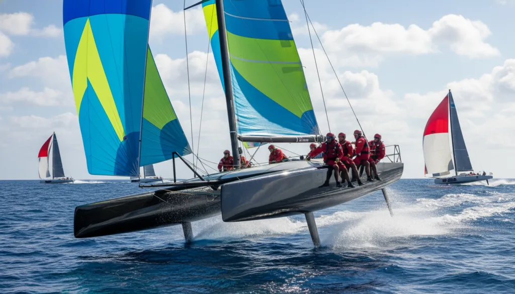 A stunning catamaran racing at high speed, cutting through the vibrant blue waters of the open sea, captured from a dynamic low angle to emphasize its sleek design and aerodynamic sails. The foreground features the catamaran's hull, showcasing its innovative foil system gliding above the surface, while the crew, dressed in professional sailing attire, maneuvers energetically on deck. The middle ground displays the catamaran's large, colorful sails fully deployed, fluttering dramatically against the backdrop of a bright, clear sky filled with soft, billowing clouds. In the background, other sailing vessels can be glimpsed in a friendly competition, adding a sense of action and excitement. The lighting is midday sunlight, enhancing the vivid colors of the scene, evoking a feeling of adventure and high stakes in yacht racing.
