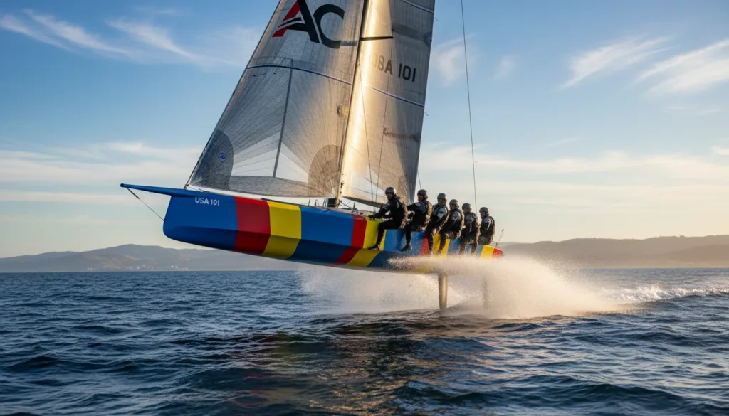 An America's Cup yacht racing at high speed across the open sea, captured in a dynamic moment of takeoff with its decollo foil in full engagement. The foreground features the sleek, modern yacht, its hull cutting through the waves, showcasing vibrant colors and aerodynamic shapes. The crew, dressed in professional sailing gear, is positioned strategically along the deck, focused and determined. In the middle ground, splashes of water and whitecaps emphasize the yacht's speed, while the background presents a bright blue sky filled with wispy clouds, hinting at a brisk wind. Soft natural sunlight bathes the scene, creating an exhilarating atmosphere, and the angle is low, emphasizing the yacht's powerful ascent and connection with the ocean.
