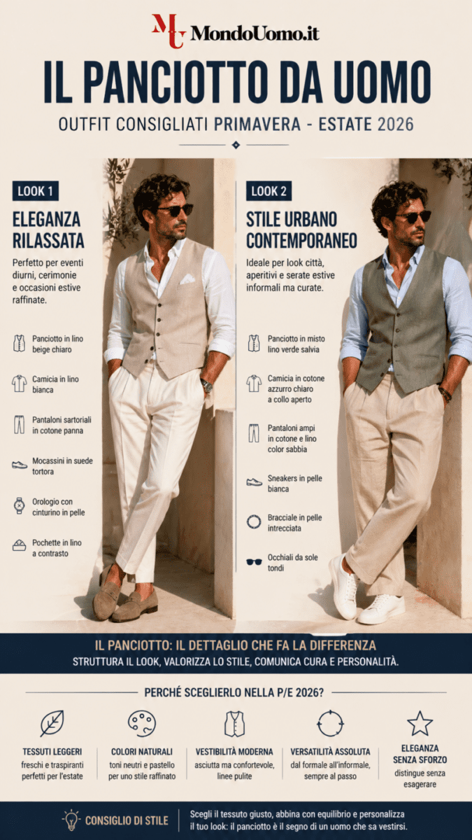 Panciotto da uomo nel 2026: come si porta nella stagione primavera - estate tra eleganza rilassata e nuovo stile maschile.