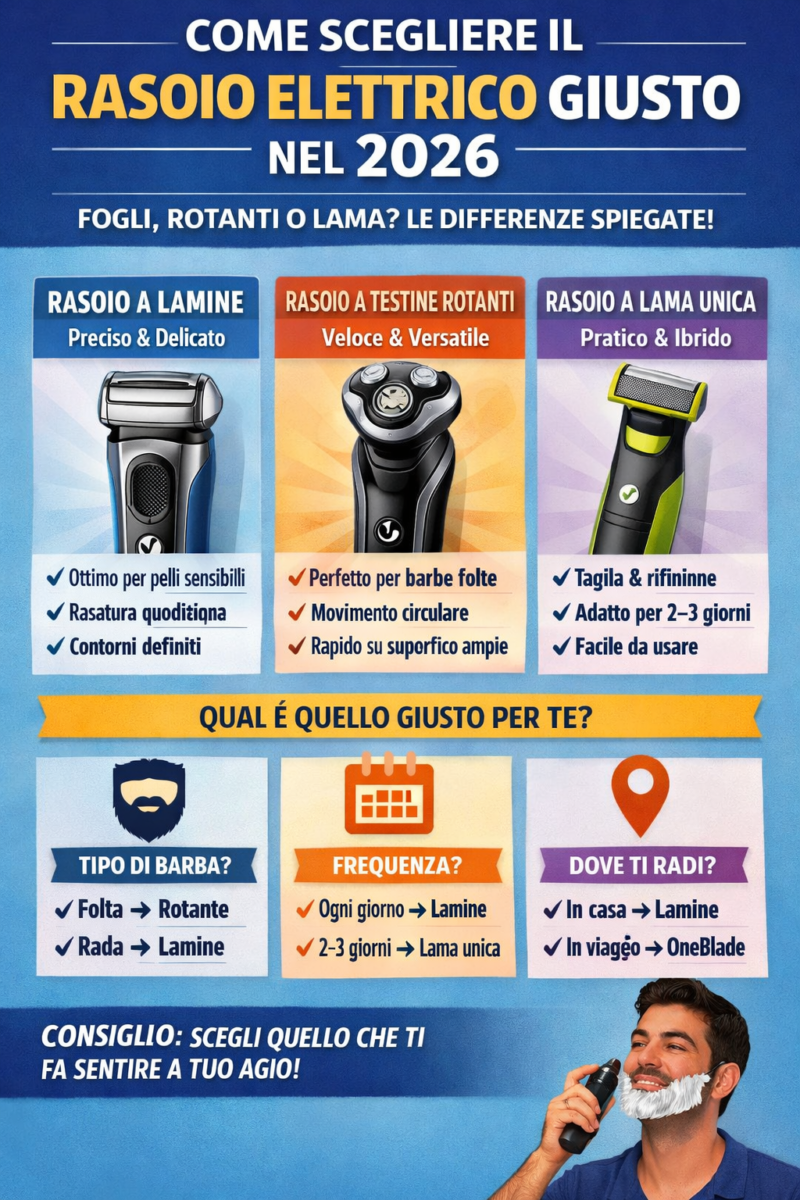 Come scegliere il rasoio elettrico giusto nel 2026? Ecco le differenze che nessuno spiega tra fogli, rotanti ed a lama
