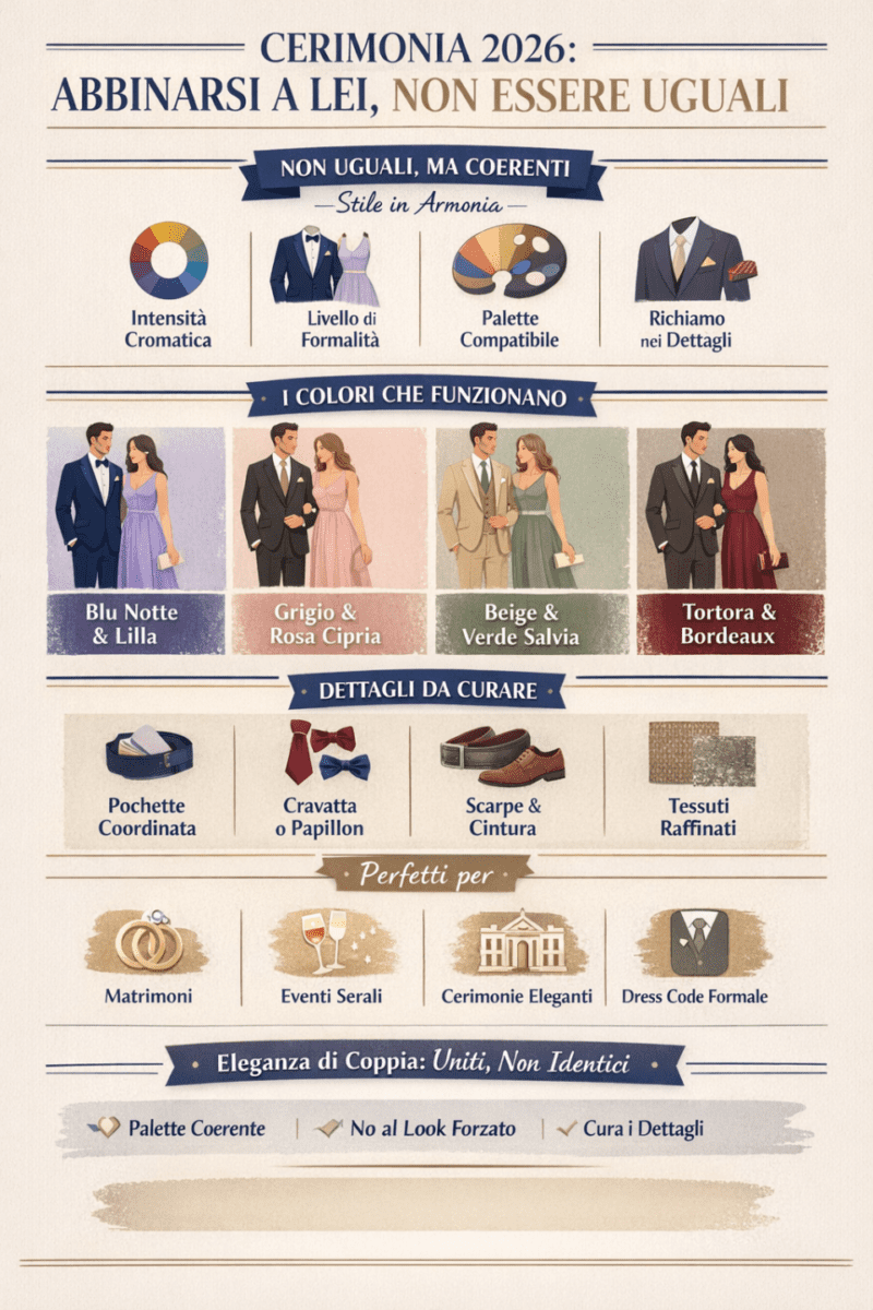 Cerimonia 2026, abbinarsi a lei senza sembrare coordinati forzati: i consigli per i gentleman