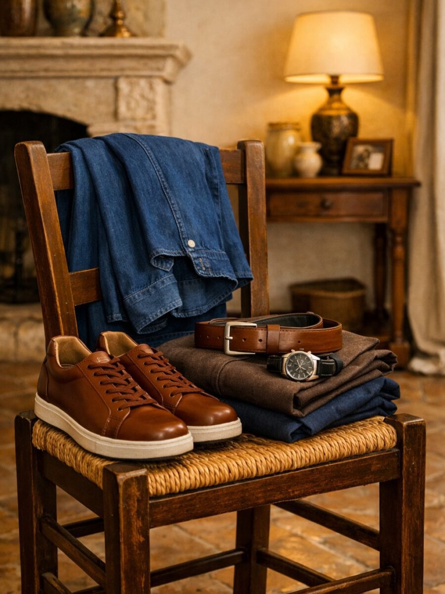 Outfit Denim scuro e toni terra.