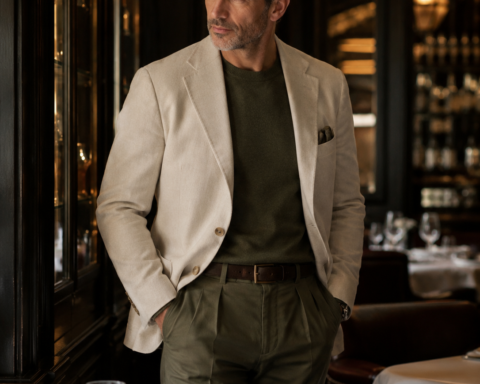 Blazer panna, toni oliva, pelle testa di moro outfit uomo