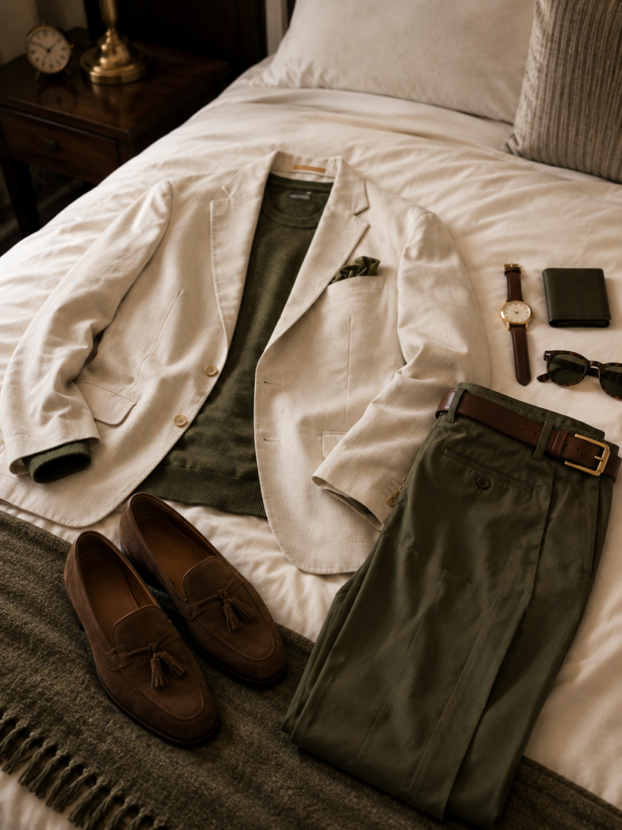 Blazer panna, toni oliva, pelle testa di moro outfit uomo
