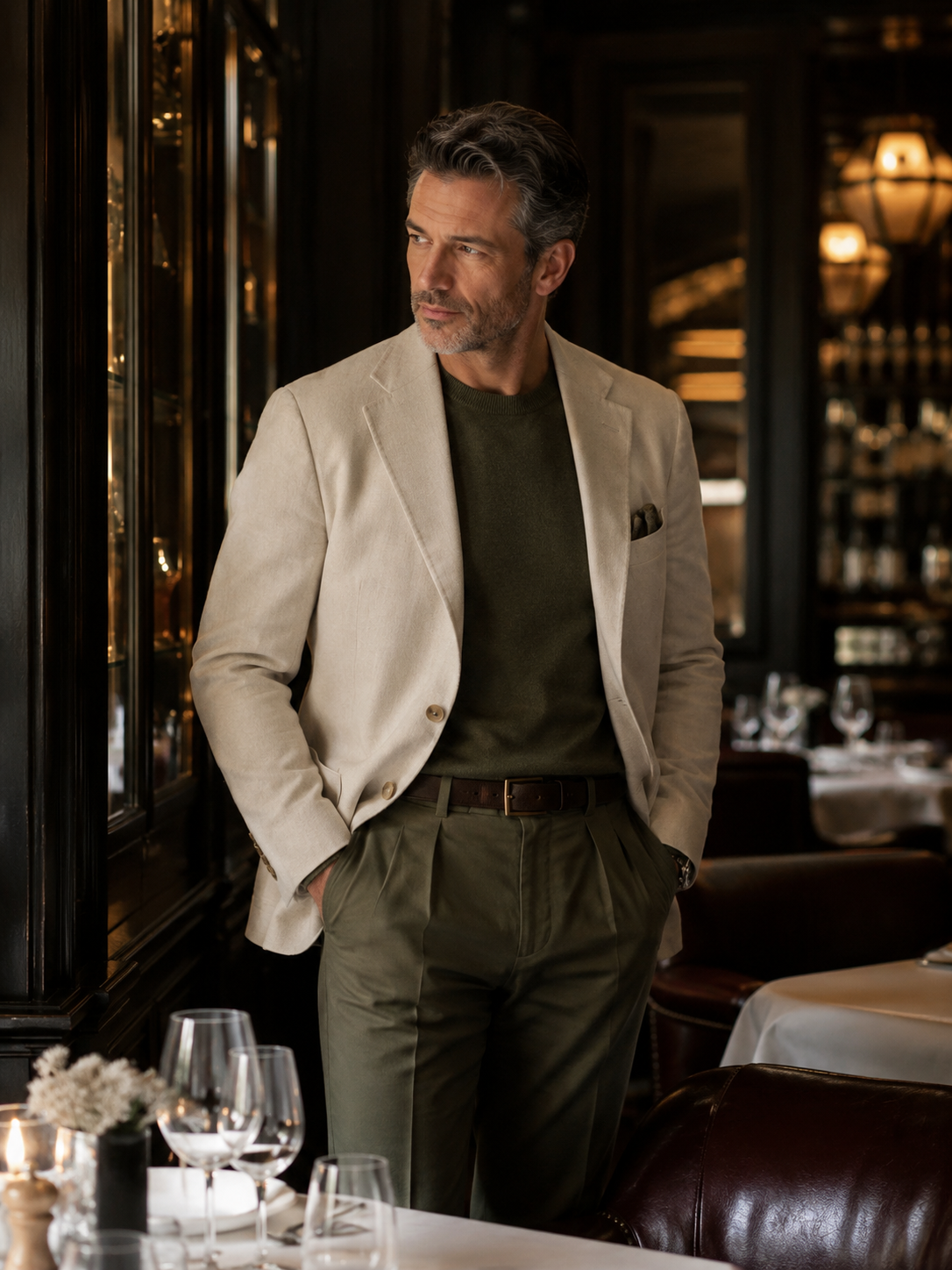 Blazer panna, toni oliva, pelle testa di moro outfit uomo