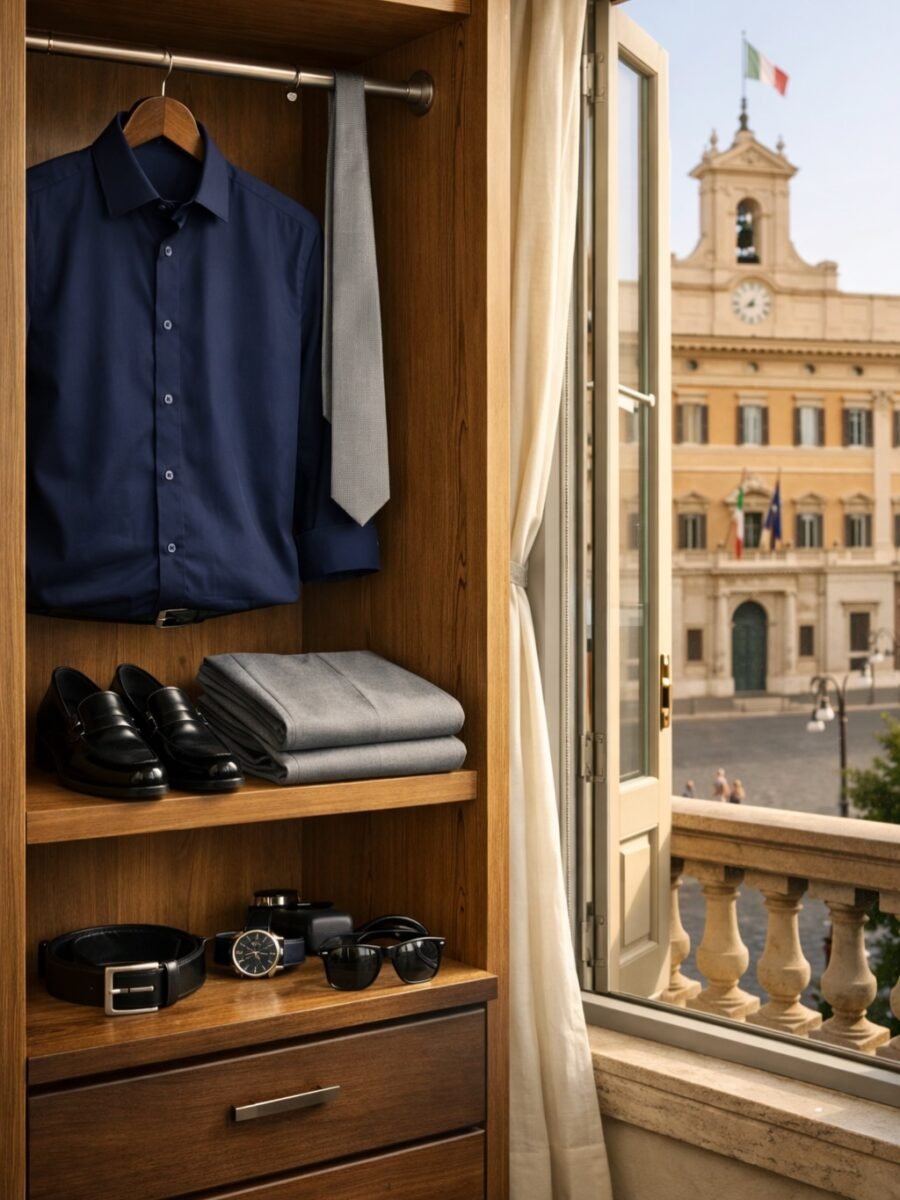 La camicia blu notte cattura la luce, il pantalone grigio mantiene la linea pulita, gli accessori neri raccontano disciplina e gusto.